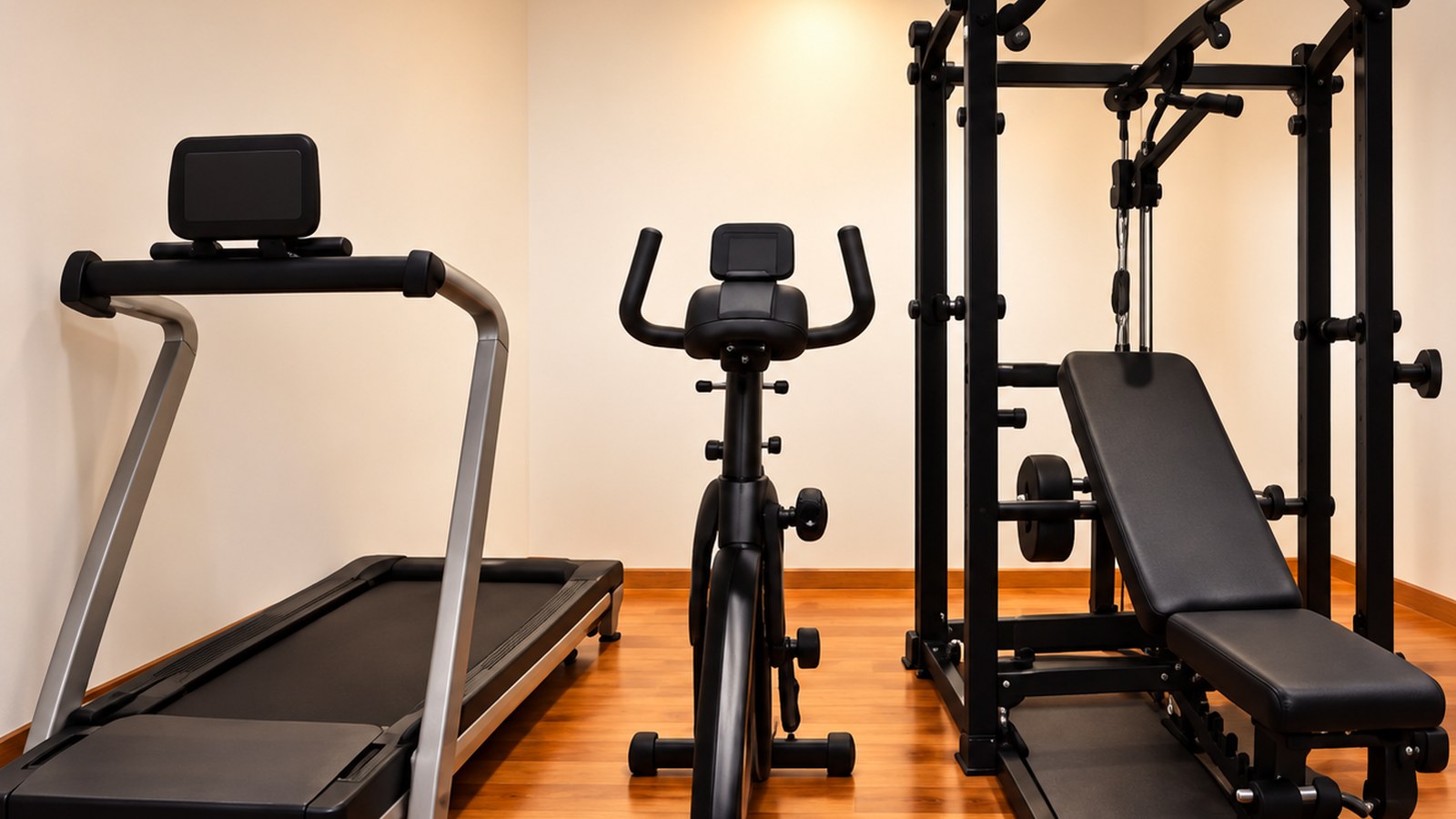 Sala de rehabilitación de Aurora Boreal con cinta de correr, bicicleta fija y estación de fuerza